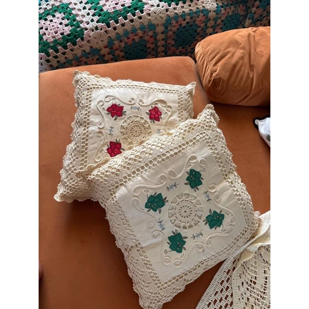 Set of 2 Cotton Embroidered Floral Throw Pillows with Crochet Lace Trim